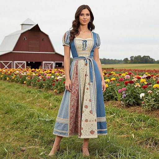 Photograph of a young woman with long brown hair in a blue and white floral-patterned dress, standing in a vibrant flower field with a red barn