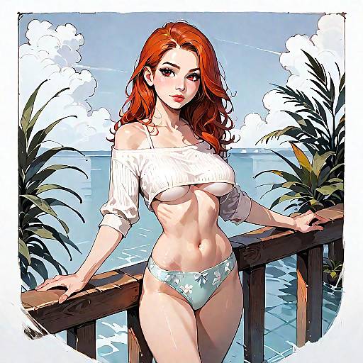 Redhead Woman in Crop Top and Bikini Bottoms on Resort Balcony