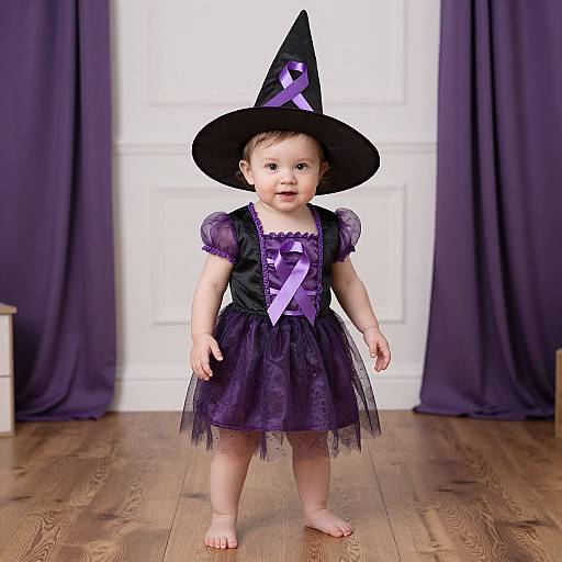 Photograph of a smiling baby in a purple witch costume with a black hat, standing on wooden floor, purple curtains background.