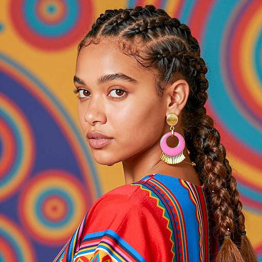 Young Woman with Braided Hair and Colorful Earrings