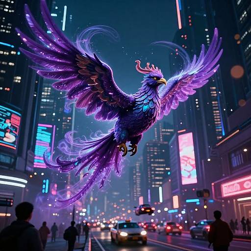 Digital art of a glowing, purple-feathered phoenix soaring over a neon-lit, bustling city street at night, with silhouetted pedestrians