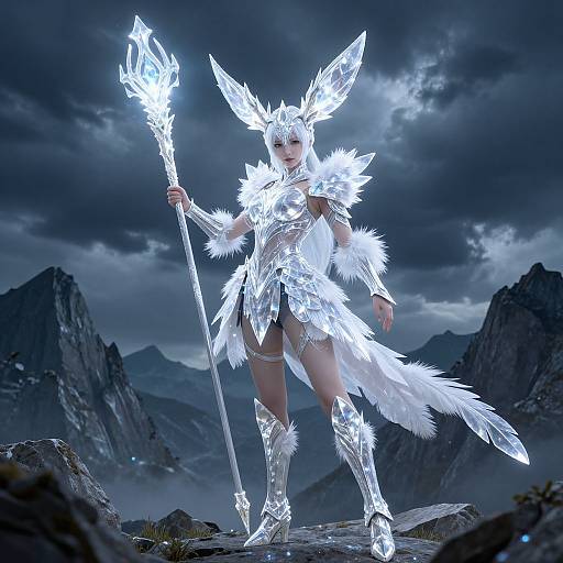 Digital artwork of a white, glowing, ice-witch warrior with large ears, holding a crystal staff, standing on rocky mountains under a stormy sky