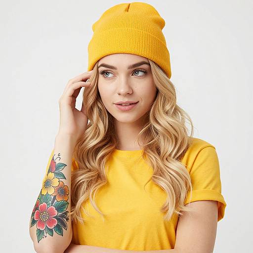 Photograph of a blonde woman with wavy hair, wearing a yellow beanie and shirt, showcasing a colorful floral tattoo on her left forearm, smiling