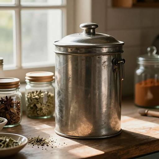 Photograph of a rustic kitchen with sunlight streaming through a window, highlighting a metal canister with a lid, surrounded by glass jars of spices and herbs