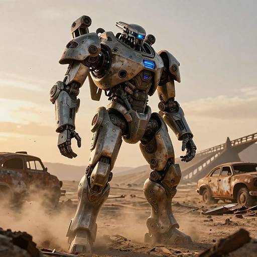 Photorealistic CGI of a towering, weathered, metallic robot with glowing blue eyes standing in a dusty, post-apocalyptic desert, surrounded by rust