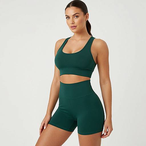 Photograph of a fit, young woman with fair skin and brown hair in a ponytail, wearing a dark green sports bra and high-waisted