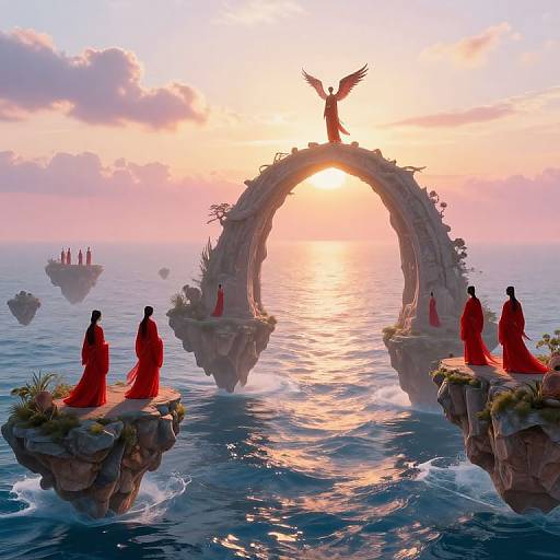 Digital artwork of a sunset over a mystical ocean with a central archway, six robed figures, and a winged figure silhouetted against