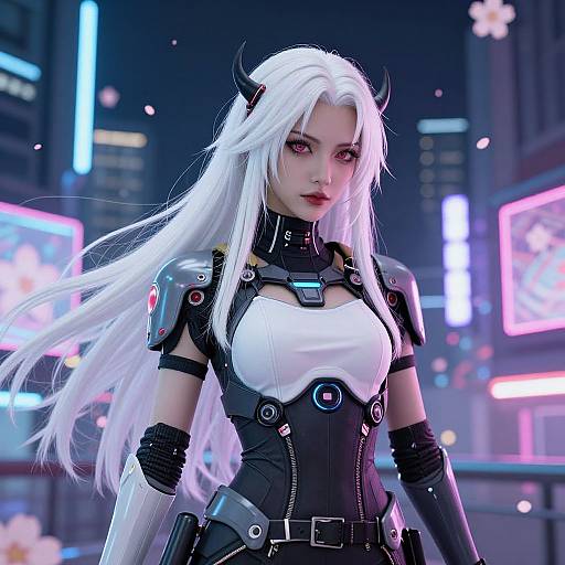 Digital CGI of a white-haired, red-eyed, horned woman in a futuristic black and white armored outfit, standing in a neon-lit cityscape