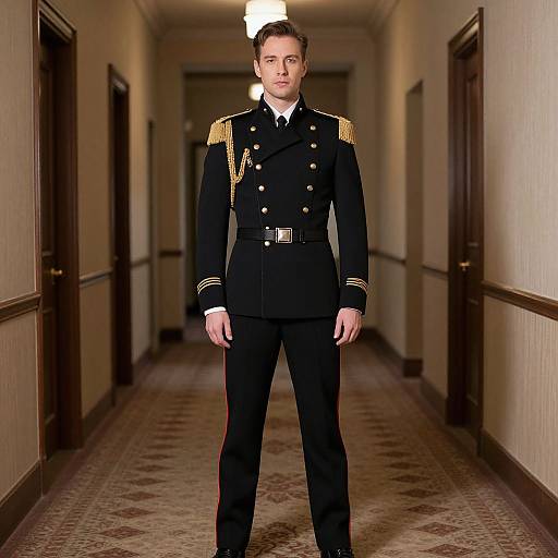 Photograph of a young Caucasian man in a formal black military uniform with gold epaulettes, standing in a long, carpeted hallway with wooden