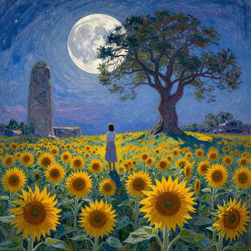 Moonlit field of vibrant sunflowers, silhouetted figure in white dress, large tree, and ancient stone monument under a glowing full moon.