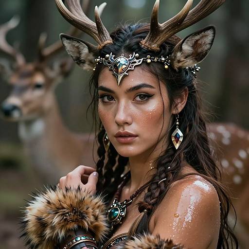 Digital art of a fair-skinned woman with antlers, braided hair, and glowing skin, wearing fur and ornate jewelry, standing in a
