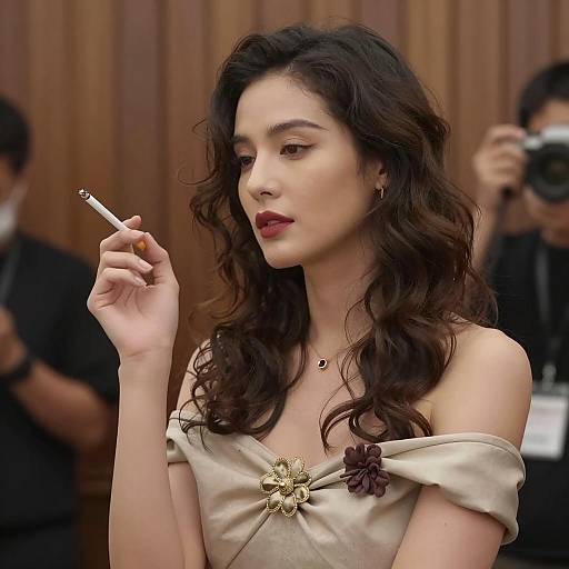 Elegant Woman with Cigarette and Floral Brooch