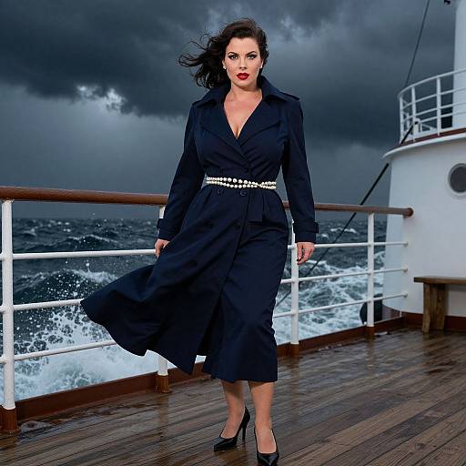 Photograph of a confident, dark-haired woman in a black, belted, long-sleeve dress and black heels, walking on a stormy