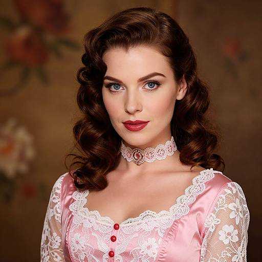 Vintage Portrait of Woman in Pink Satin Dress