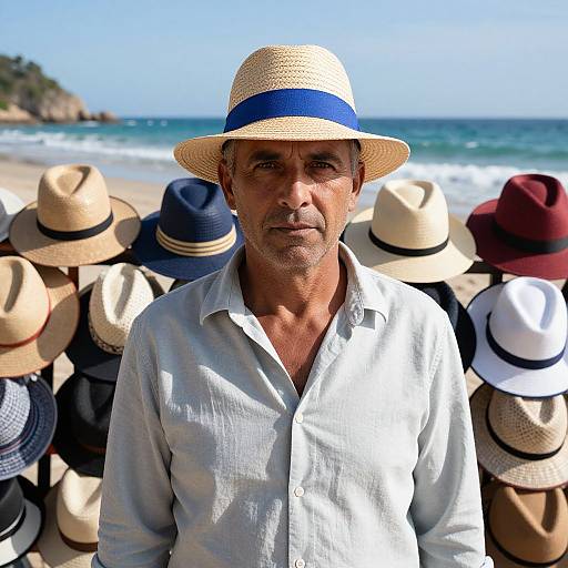 Man with Vibrant Hats on Beach