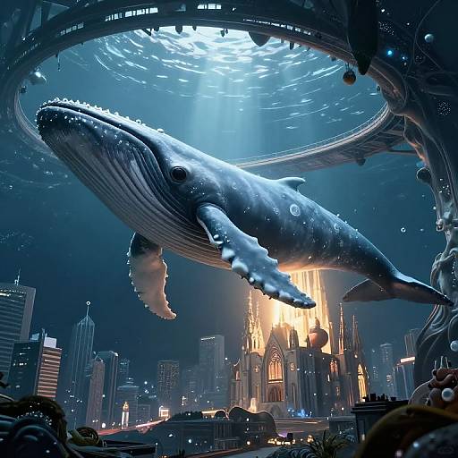 Photorealistic CGI of a massive blue whale swimming above a futuristic cityscape with illuminated skyscrapers and a grand cathedral.