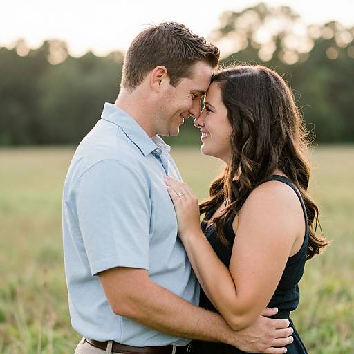 Photograph of a smiling couple in an outdoor field, the man in a light blue shirt and the woman in a black sleeveless dress, embracing and