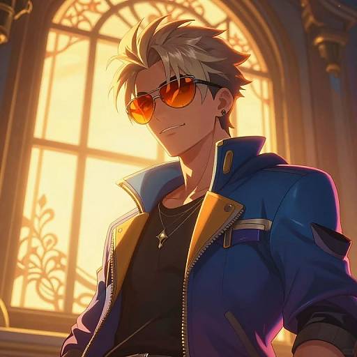 Digital anime-style drawing of a handsome, silver-haired man in a blue jacket, black shirt, and orange sunglasses, with sunlight shining through an arched