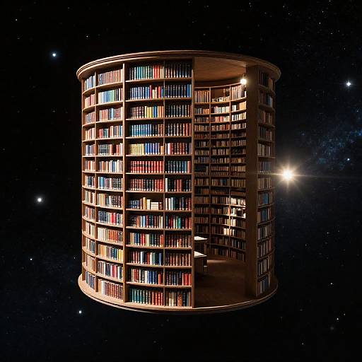Photorealistic digital artwork of a cylindrical, illuminated library floating in space with colorful bookshelves, surrounded by a starry black background. Bright light