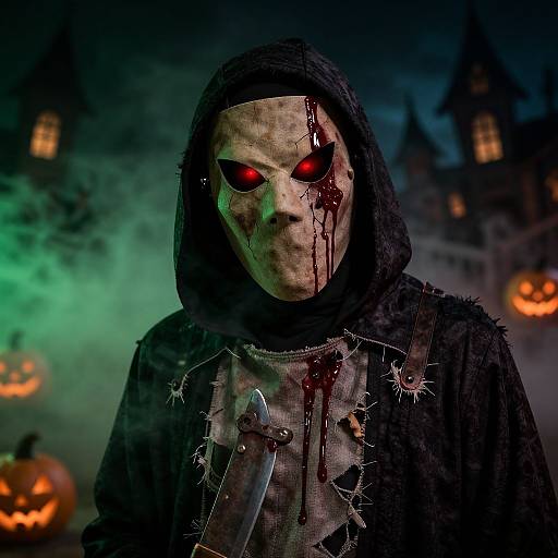 Digital art of a creepy, blood-streaked hooded figure with glowing red eyes, wearing a tattered cloak and knife, against a dark,