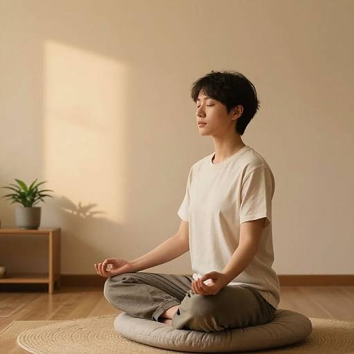 Photograph of an Asian man with short black hair, wearing a white t-shirt and gray pants, meditating in a cross-legged position on a circular