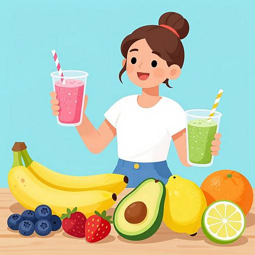 Cartoon woman with brown hair in bun, white shirt, blue skirt, holding pink and green smoothies, surrounded by bananas, strawberries, blueberries