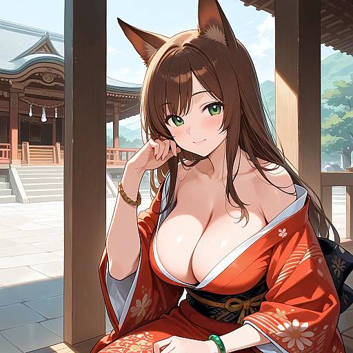 Smiling Girl in Kimono with Animal Ears