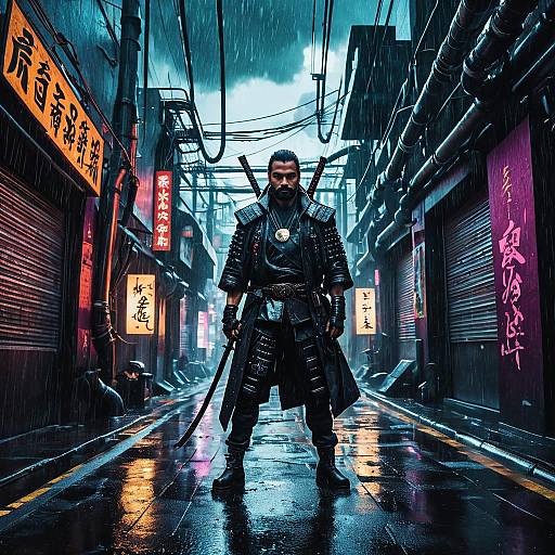 Cyberpunk Street Samurai in Rainy Alley
