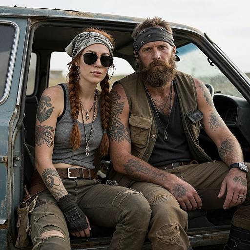 Photograph of tattooed, bearded couple with braids and bandanas, wearing dark clothes, sitting in a rugged, old truck. Edgy
