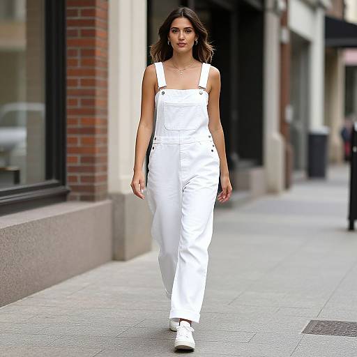 Photograph of a young woman with medium-length dark hair, wearing white overalls and white sneakers, walking down a city sidewalk.