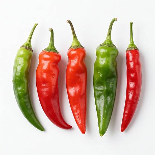 Photograph of five chili peppers in a row, alternating red and green, with shiny, smooth textures and white background.