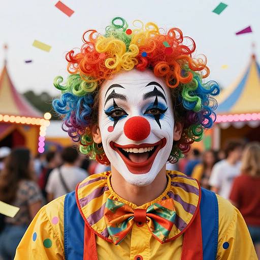 Photograph of a vibrant clown with rainbow curly wig, white face paint, red nose, colorful shirt, and striped collar, smiling at a lively carnival