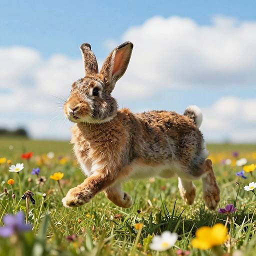 Photograph of a small, brown and gray bunny with large ears, running through a colorful, sunlit meadow filled with wildflowers.