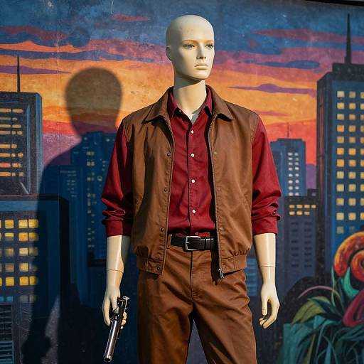 Mannequin Posed by Vibrant Cityscape Mural