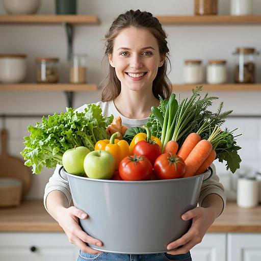 Smiling woman with brown hair holds gray bowl filled with fresh vegetables (lettuce, apples, tomatoes, carrots, peppers) in bright kitchen.