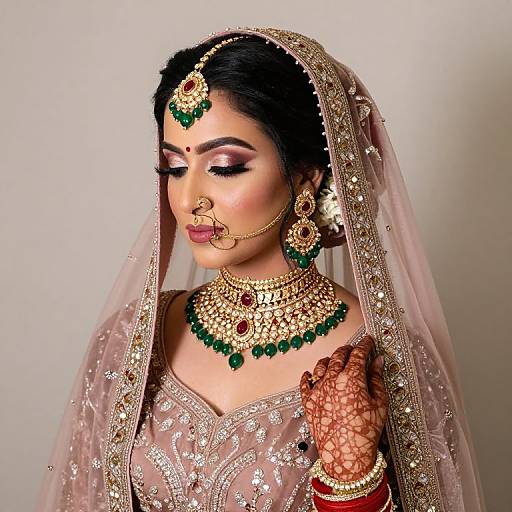 Photograph of an elegant South Asian bride in traditional attire, adorned with gold and green jewelry, intricate embroidery, veil, and henna.