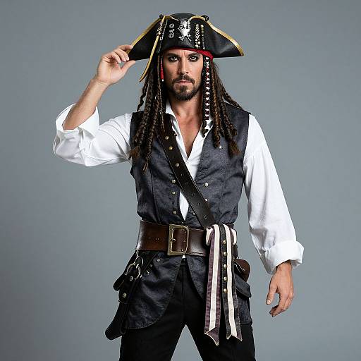 Photograph of a muscular, bearded man with dreadlocks, wearing a pirate hat, white shirt, black vest, and belt, against a grey