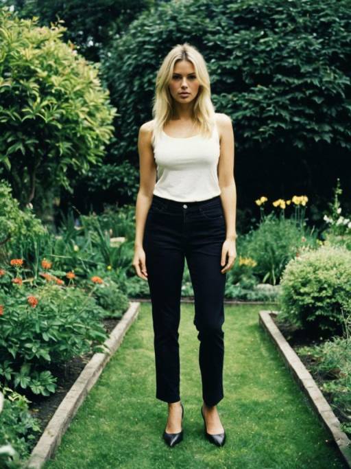 Blonde Woman in Black Pants in Garden