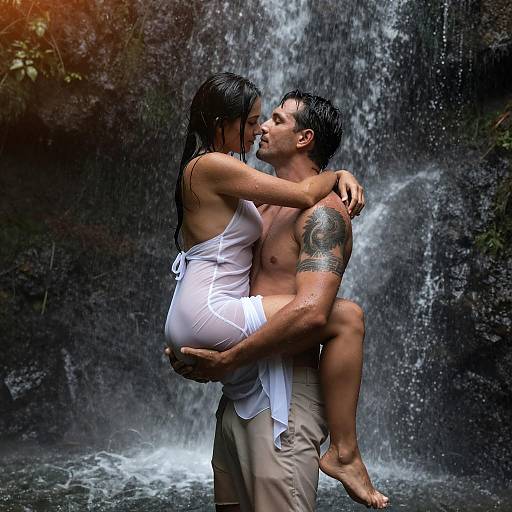 Romantic Couple Embracing Under Waterfall