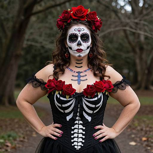 Photograph of a woman with white sugar skull face paint, wearing a black lace dress with red roses, skeletal design, and a red flower crown,