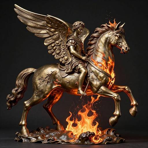Photograph of a golden, winged Pegasus statue with flames beneath it, rider wearing ornate armor, black background, detailed textures.