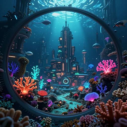 Digital artwork: Vibrant underwater cityscape through circular window, featuring glowing coral, colorful marine life, and illuminated futuristic skyscrapers, bathed in