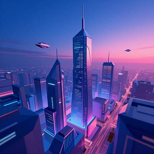 Digital art of a futuristic cityscape at sunset, featuring neon-lit skyscrapers, flying drones, and vibrant pink to blue gradient sky.