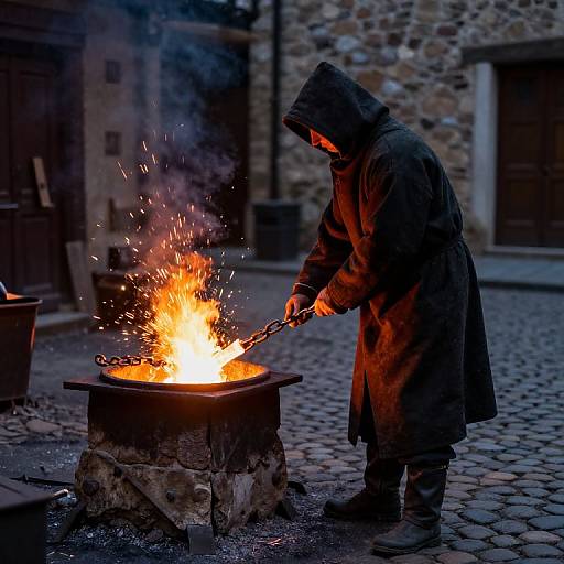 Photograph of a hooded blacksmith in a medieval stone courtyard, igniting a fiery forge with sparks, wearing dark cloak and boots.
