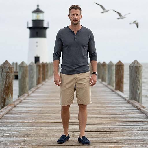 Photograph of a muscular, bearded man in a dark long-sleeve shirt, beige shorts, and navy shoes, standing on a wooden pier