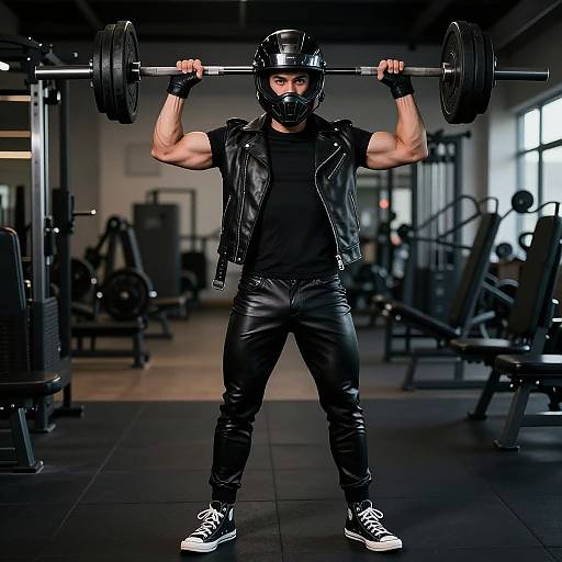 Photograph of a muscular man in black leather vest, pants, and helmet, lifting a barbell in a dimly lit gym.