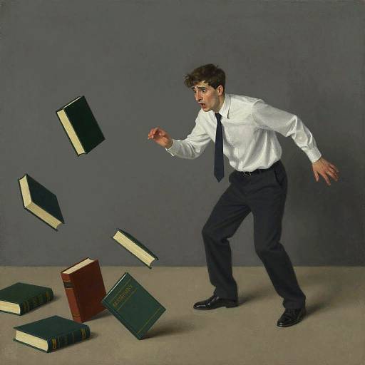 Photograph of a brown-haired man in a white shirt and black tie, mid-jump, levitating books against a gray background.