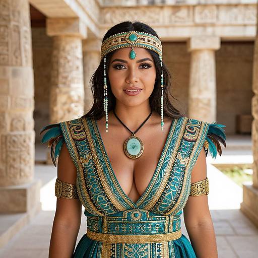 Photograph of a dark-haired woman with medium skin tone, wearing an ornate turquoise and gold ancient Egyptian-style dress, headpiece, and jewelry,
