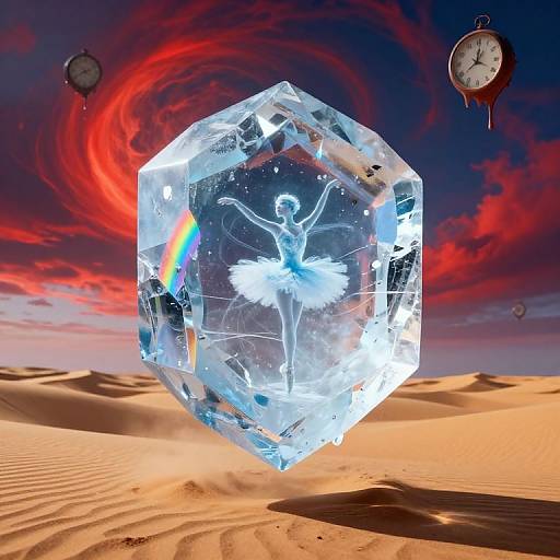 Transparent crystal cube with glowing fairy inside, floating over desert, red swirling sky, two clocks, and rainbow reflection. Photorealistic CGI.
