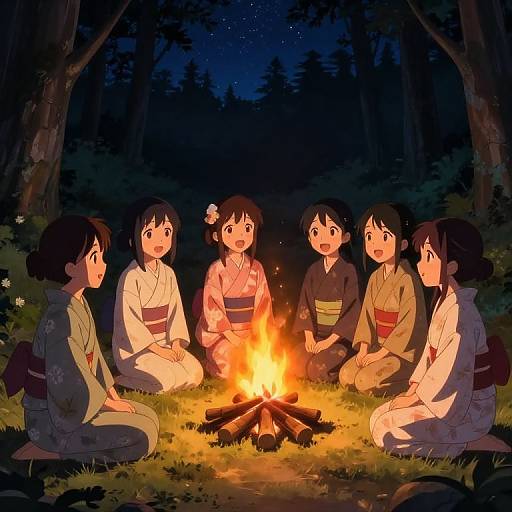 Anime-style illustration of five girls in traditional kimonos sitting around a campfire in a dark forest at night.